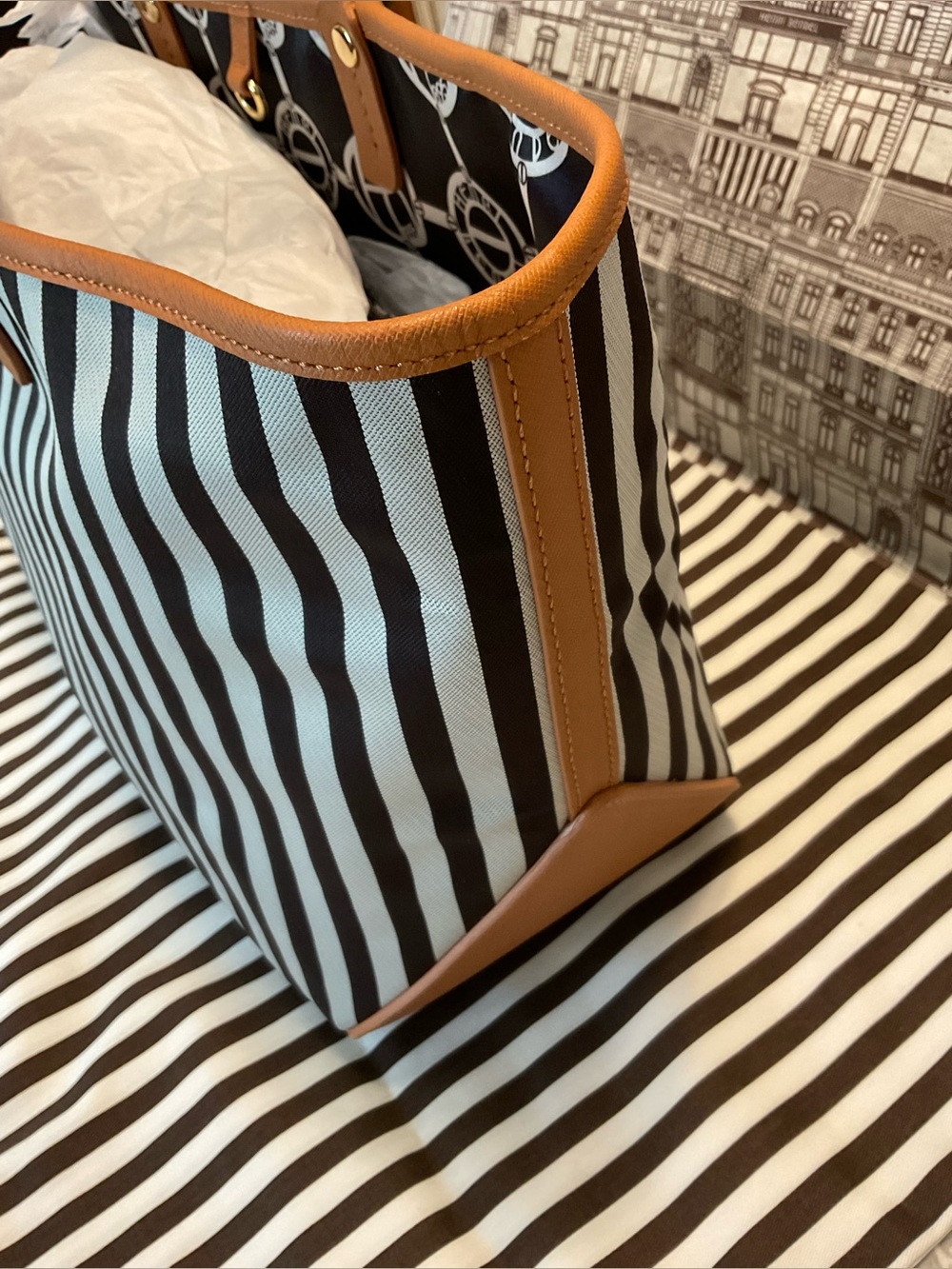 Henri Bendel Mink and Silver Premium Stripe Tote with  Chestnut Saffiano Trim - Picture 6 of 16
